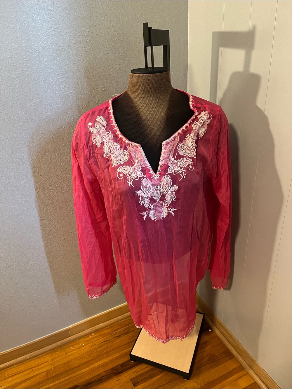 Pink Embroidered Sheer swim coverup with White Detailing